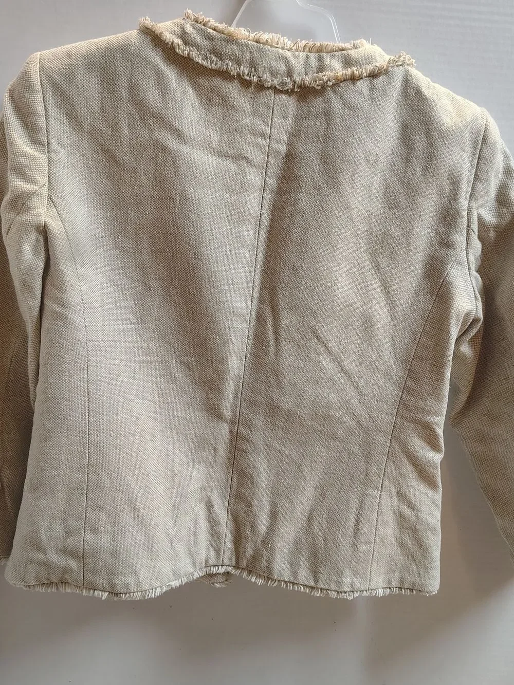 Michael Kors Neutral Fringe-Trim Tweed Short Blazer Linen Blend 3/4 Sleeve Sz 2